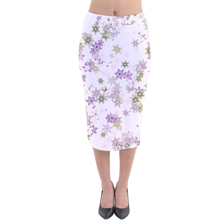 Purple Wildflower Print Velvet Midi Pencil Skirt