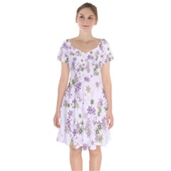 Purple Wildflower Print Short Sleeve Bardot Dress by SpinnyChairDesigns