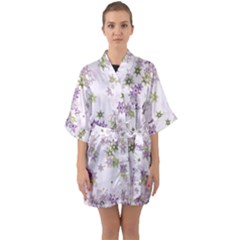 Purple Wildflower Print Half Sleeve Satin Kimono  by SpinnyChairDesigns