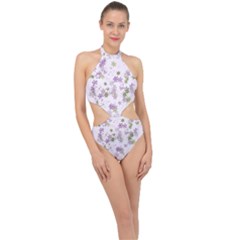 Purple Wildflower Print Halter Side Cut Swimsuit by SpinnyChairDesigns