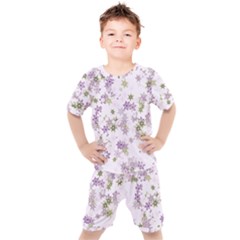 Purple Wildflower Print Kids  Tee And Shorts Set by SpinnyChairDesigns