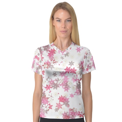 Pink Wildflower Print V-neck Sport Mesh Tee by SpinnyChairDesigns