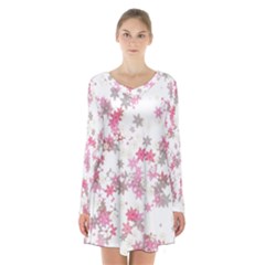 Pink Wildflower Print Long Sleeve Velvet V-neck Dress by SpinnyChairDesigns