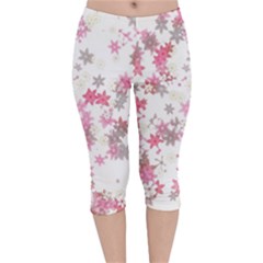 Pink Wildflower Print Velvet Capri Leggings  by SpinnyChairDesigns