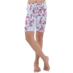 Pink Wildflower Print Kids  Lightweight Velour Cropped Yoga Leggings by SpinnyChairDesigns