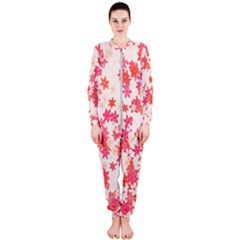 Vermilion And Coral Floral Print Onepiece Jumpsuit (ladies)  by SpinnyChairDesigns