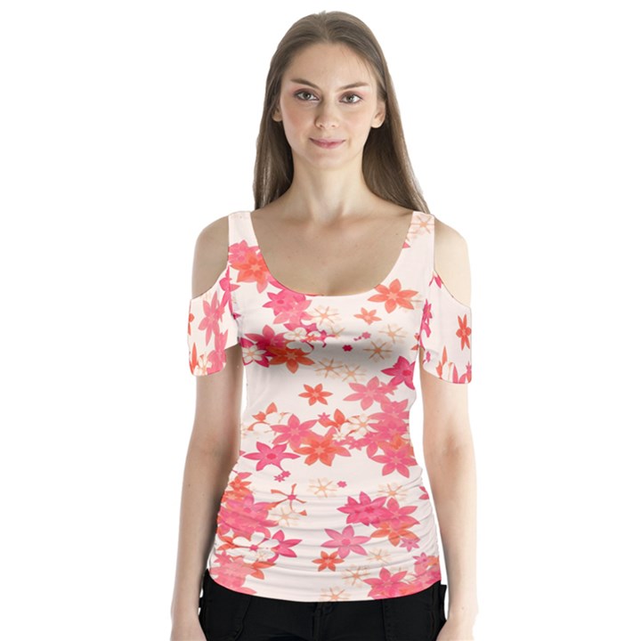 Vermilion and Coral Floral Print Butterfly Sleeve Cutout Tee 