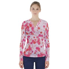 Vermilion And Coral Floral Print V-neck Long Sleeve Top by SpinnyChairDesigns