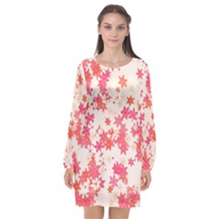 Vermilion And Coral Floral Print Long Sleeve Chiffon Shift Dress  by SpinnyChairDesigns