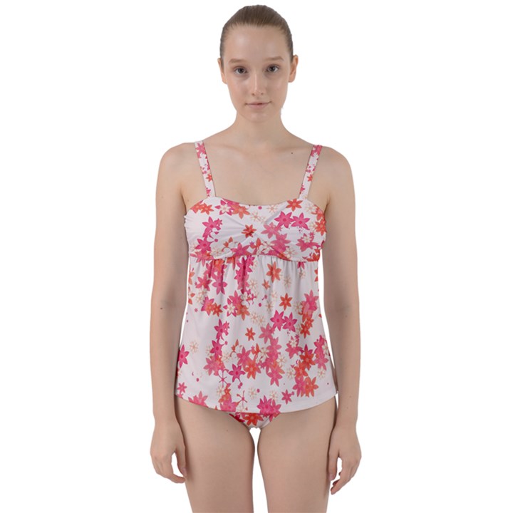 Vermilion and Coral Floral Print Twist Front Tankini Set