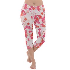 Vermilion And Coral Floral Print Lightweight Velour Capri Yoga Leggings by SpinnyChairDesigns