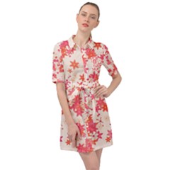 Vermilion And Coral Floral Print Belted Shirt Dress by SpinnyChairDesigns