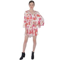 Vermilion And Coral Floral Print V-neck Flare Sleeve Mini Dress by SpinnyChairDesigns