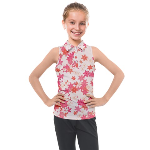 Vermilion And Coral Floral Print Kids  Sleeveless Polo Tee by SpinnyChairDesigns