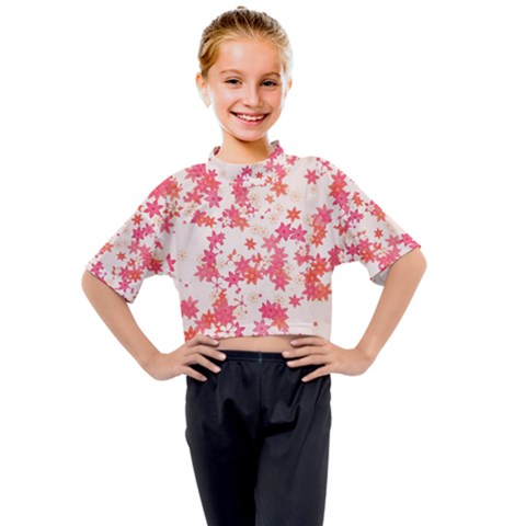 Vermilion And Coral Floral Print Kids Mock Neck Tee by SpinnyChairDesigns