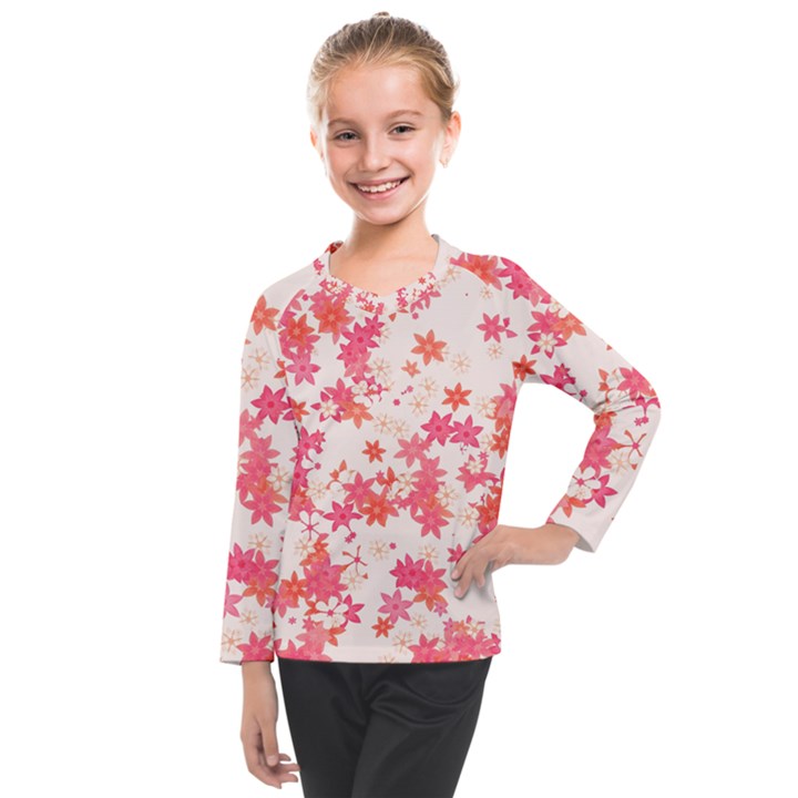 Vermilion and Coral Floral Print Kids  Long Mesh Tee