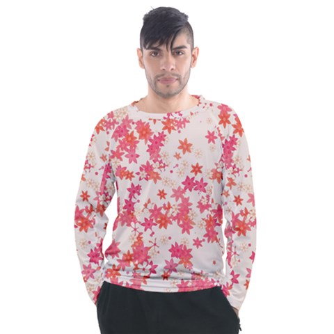 Vermilion And Coral Floral Print Men s Long Sleeve Raglan Tee by SpinnyChairDesigns