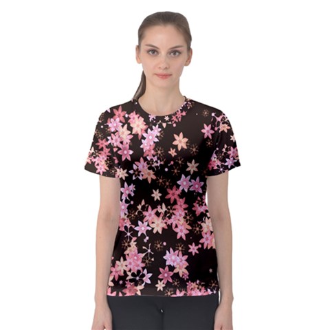 Pink Lilies On Black Women s Sport Mesh Tee by SpinnyChairDesigns