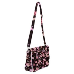 Pink Lilies On Black Shoulder Bag With Back Zipper by SpinnyChairDesigns