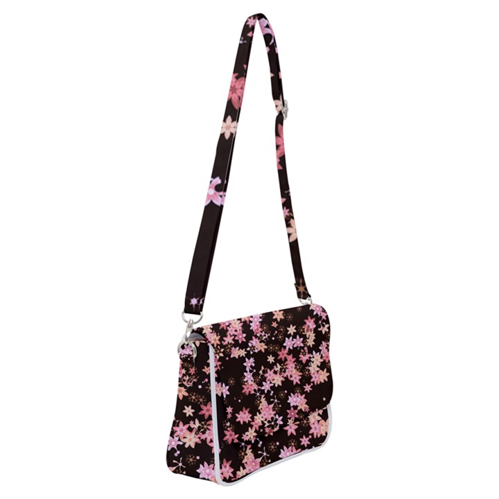 Pink Lilies on Black Shoulder Bag with Back Zipper