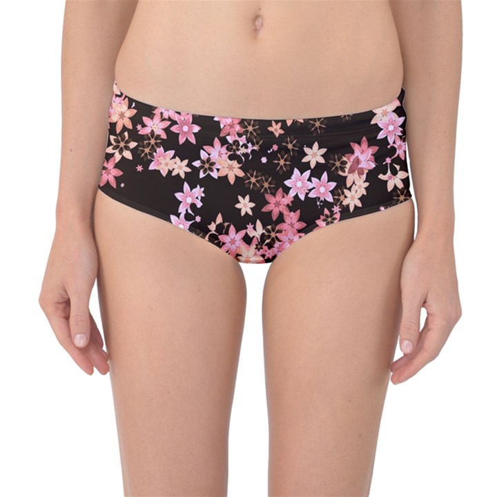 Pink Lilies on Black Mid-Waist Bikini Bottoms