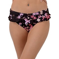 Pink Lilies On Black Frill Bikini Bottom by SpinnyChairDesigns