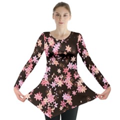 Pink Lilies On Black Long Sleeve Tunic  by SpinnyChairDesigns