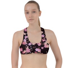 Pink Lilies On Black Criss Cross Racerback Sports Bra by SpinnyChairDesigns