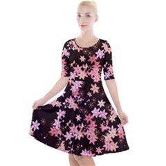 Pink Lilies On Black Quarter Sleeve A-line Dress by SpinnyChairDesigns