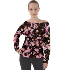 Pink Lilies On Black Off Shoulder Long Sleeve Velour Top by SpinnyChairDesigns