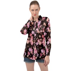 Pink Lilies On Black Long Sleeve Satin Shirt