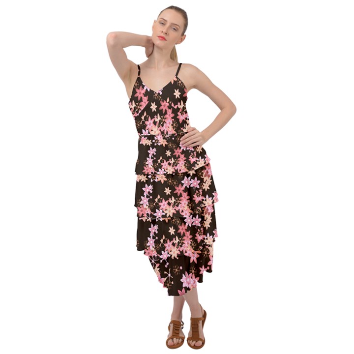 Pink Lilies on Black Layered Bottom Dress