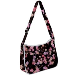 Pink Lilies On Black Zip Up Shoulder Bag by SpinnyChairDesigns