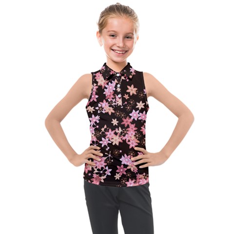 Pink Lilies On Black Kids  Sleeveless Polo Tee by SpinnyChairDesigns