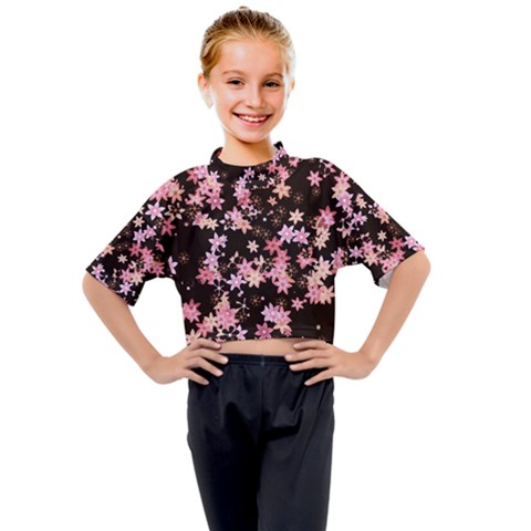 Pink Lilies On Black Kids Mock Neck Tee by SpinnyChairDesigns