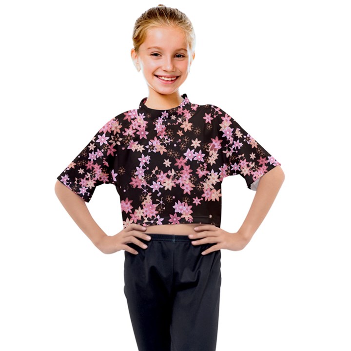 Pink Lilies on Black Kids Mock Neck Tee