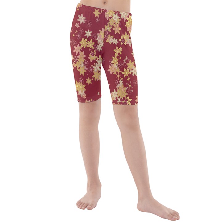 Gold and Tuscan Red Floral Print Kids  Mid Length Swim Shorts