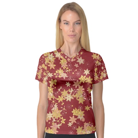 Gold And Tuscan Red Floral Print V-neck Sport Mesh Tee by SpinnyChairDesigns