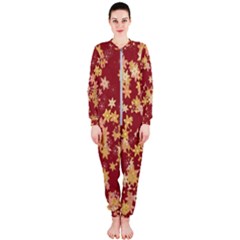 Gold And Tuscan Red Floral Print Onepiece Jumpsuit (ladies)  by SpinnyChairDesigns