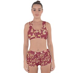 Gold And Tuscan Red Floral Print Racerback Boyleg Bikini Set by SpinnyChairDesigns