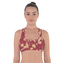 Gold And Tuscan Red Floral Print Cross Back Sports Bra by SpinnyChairDesigns