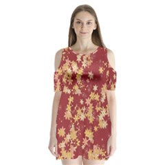 Gold And Tuscan Red Floral Print Shoulder Cutout Velvet One Piece by SpinnyChairDesigns