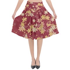 Gold And Tuscan Red Floral Print Flared Midi Skirt by SpinnyChairDesigns