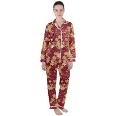 Gold And Tuscan Red Floral Print Satin Long Sleeve Pyjamas Set by SpinnyChairDesigns