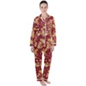 Gold and Tuscan Red Floral Print Satin Long Sleeve Pyjamas Set View1