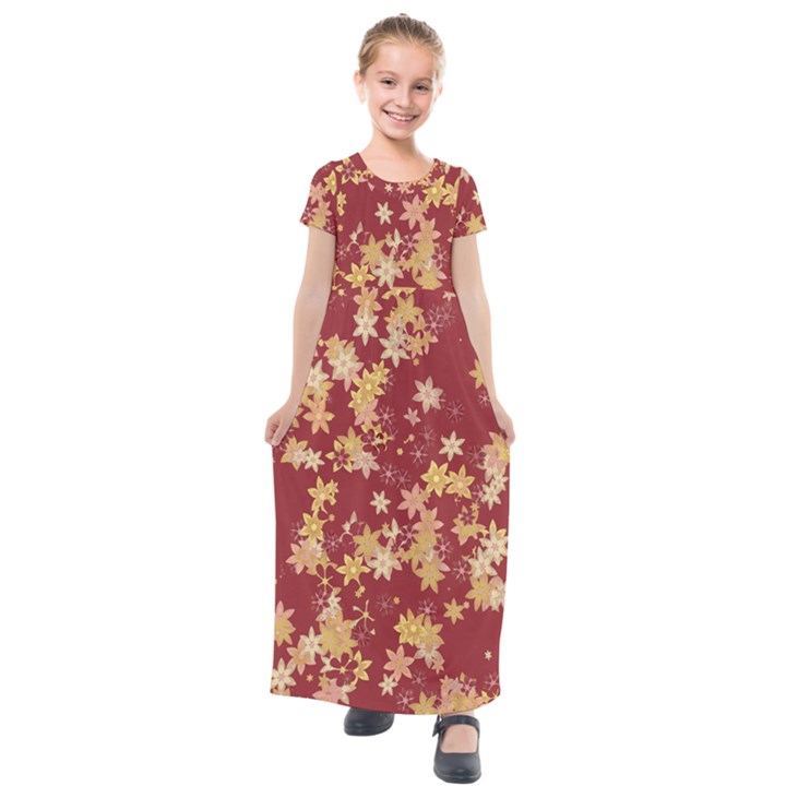 Gold and Tuscan Red Floral Print Kids  Short Sleeve Maxi Dress