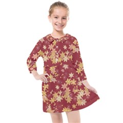 Gold And Tuscan Red Floral Print Kids  Quarter Sleeve Shirt Dress by SpinnyChairDesigns