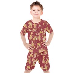 Gold And Tuscan Red Floral Print Kids  Tee And Shorts Set by SpinnyChairDesigns