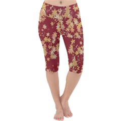 Gold And Tuscan Red Floral Print Lightweight Velour Cropped Yoga Leggings by SpinnyChairDesigns