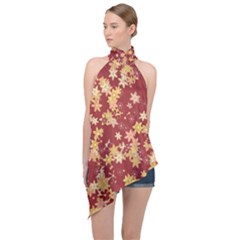 Gold And Tuscan Red Floral Print Halter Asymmetric Satin Top by SpinnyChairDesigns